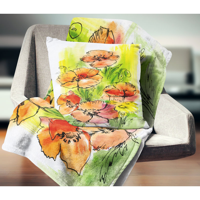Coussin Bouquet Poppies - imprimé floral, Carré, 16 po x 16 po