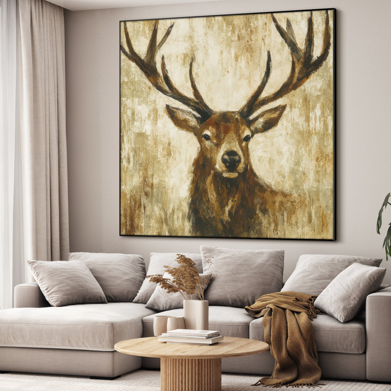 Très grande reproduction d'art sur tissu - Cerf majestueux avec de grands bois sur fond neutre, H 36 po x l 36 po