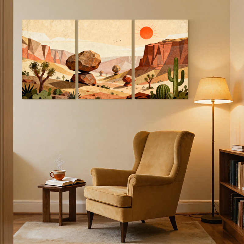 «Landscape & Nature Desert Landscape with Cacti and Rock Formations», ensemble de 3 impressions d'art sur toile