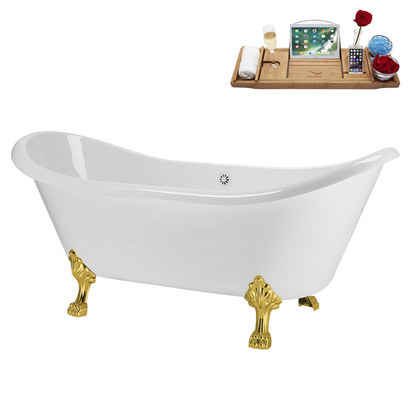 71" Streamline Clawfoot Tub,Tray,Drain and Clawfeet, Polished Gold, Glossy White
