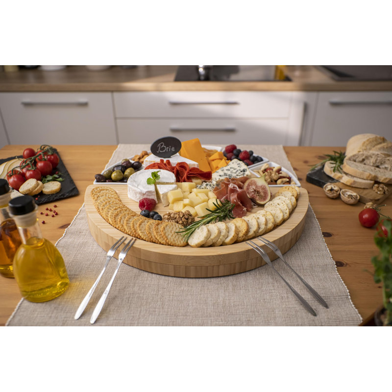 Ensemble de planches à fromage et de plateaux - fabriqué en bois de bambou - planche à découper et couteau à fromage de 16 pouces pour recevoir et servir - 4 couteaux - 5 bols - 2 marqueurs de fromage - 4 fourchettes