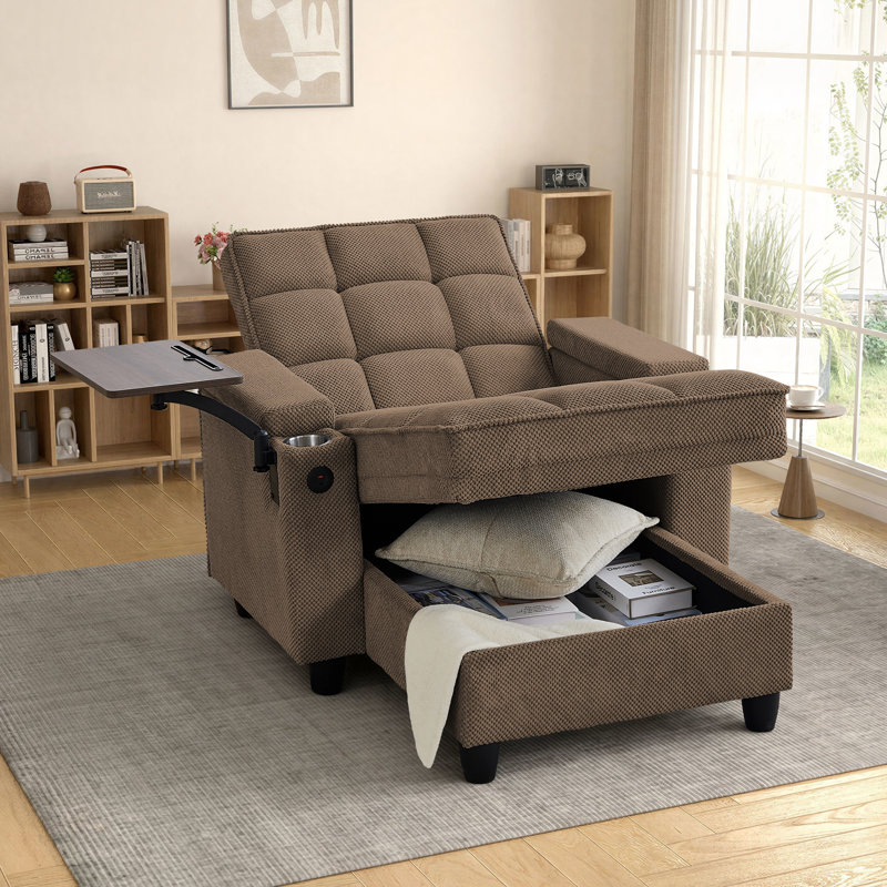 Fauteuil convertible simple de 41,5 po avec USB et Type-C, 2 porte-gobelets, table d'appoint, rangement sous le siège et accoudoirs de rangement