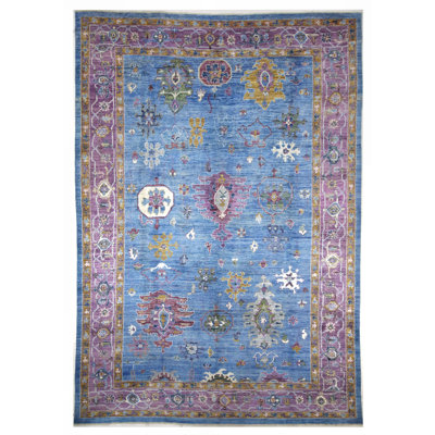 Tapis bleu et mauve de haute qualité noué à la main