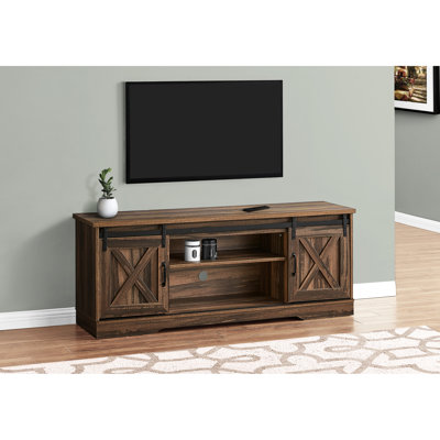 Meuble télé brun en stratifié de 60 po avec 2 portes coulissantes et rangement pour le salon, style transitionnel, armoires à tablettes larges