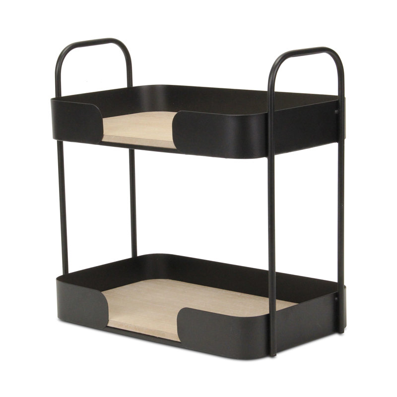 Quintelle 2 Tier Table Shelf, Wood and Metal Modern Black Countertop Organizer with Open Shelves