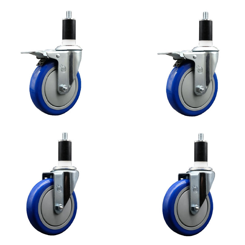 Ensemble de roulettes extensibles en polyuréthane pivotant en acier inoxydable de 5 po à 1 3/8 po et 2 freins à verrouillage total