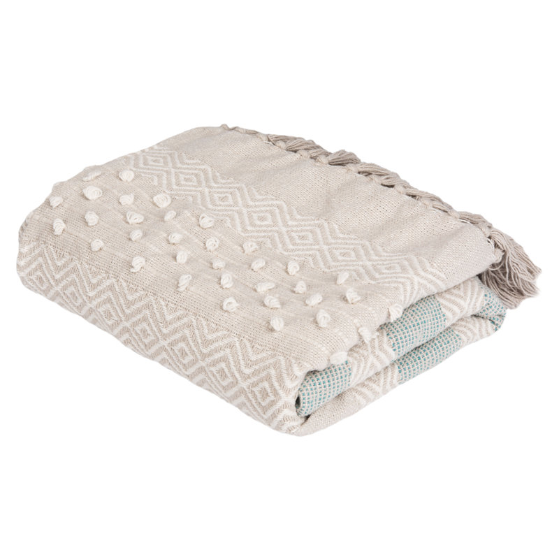 Beige & Teal Chevron Cotton Throw Blanket with Fringe
