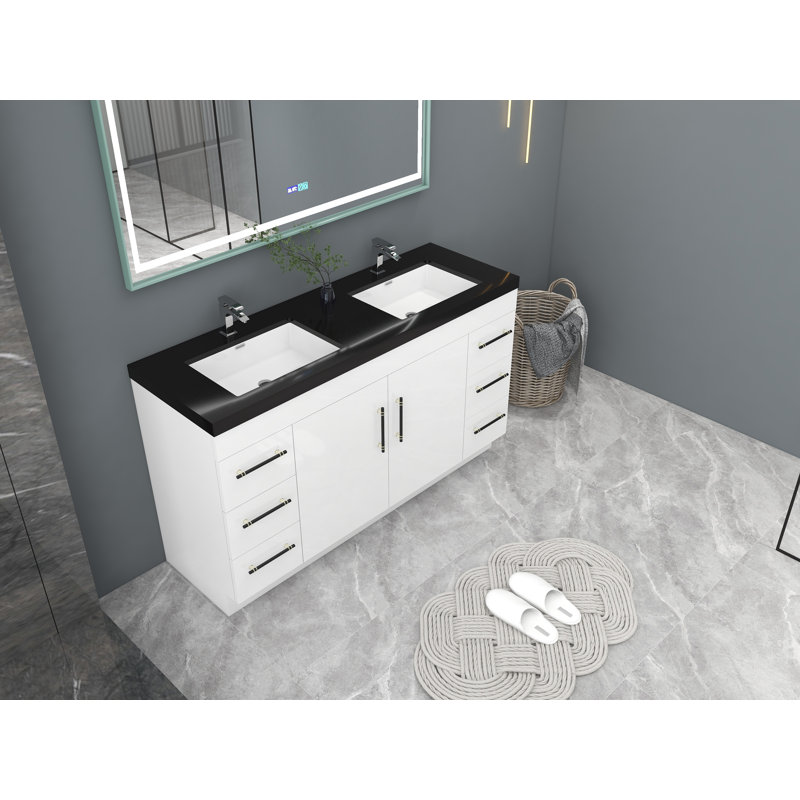 Ensemble de meuble-lavabo double 60 po Campbelle, Blanc très luisant, Noir mat