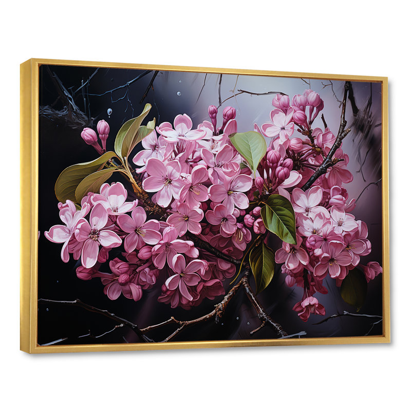 Noir, énigme, charme lilas rose sur toile, Cadre flottant doré, H 30 po x l 40 po