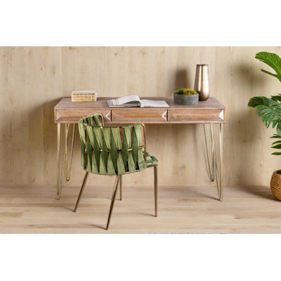 Le Marais Wood Desk with 3D Spike Drawer Fronts and Gold Curved Legs – Modern Writing Desk