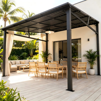 Pergola mural 12 'x 12', pergola murale avec toit en acier galvanisé, structure en métal robuste et auvent rigide pour terrasse, jardin et cour