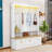 Farmhouse Hall Tree with LED Light Strip, 9 Metal Hooks, 3 Tilt-Out Cabinets and Open Shelves-2053303323