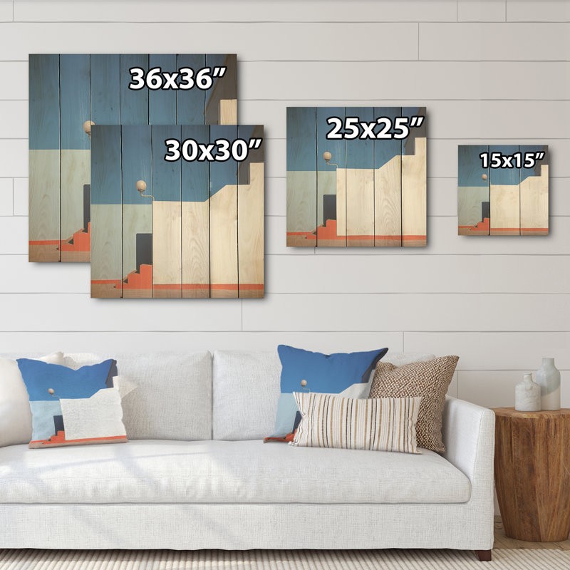 Beach House Architecture In Greece I - Coastal Port Wood Wall Art On Natural Pine Wood, 15" H x 15" W