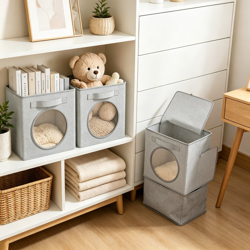 Ultra Thick Fabric Foldable Storage Cubes With Mesh Window, 11 Inch Cube Storage Organizer For Clothes, Shelves, Offices, Toys, And Misc, Light Gray, 4 Pack