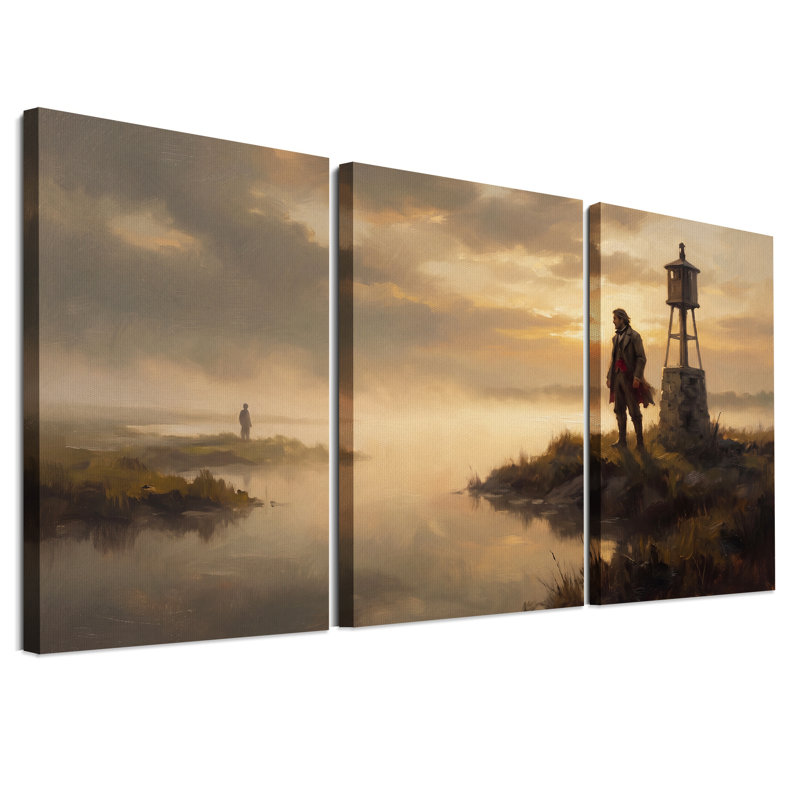 Paysage brumeux au coucher du soleil avec tour en bois et homme - Ensemble de 3 toiles murales, 30"H x 20"W x 3pcs