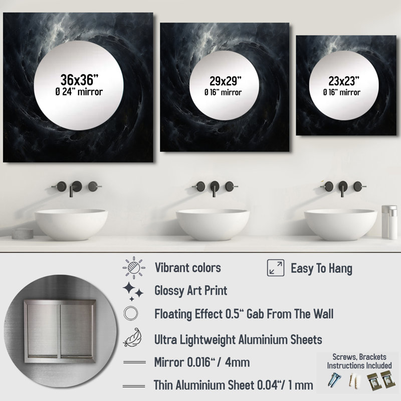 Art mural noir et noir avec miroir Quasar, 23 po x 23 po