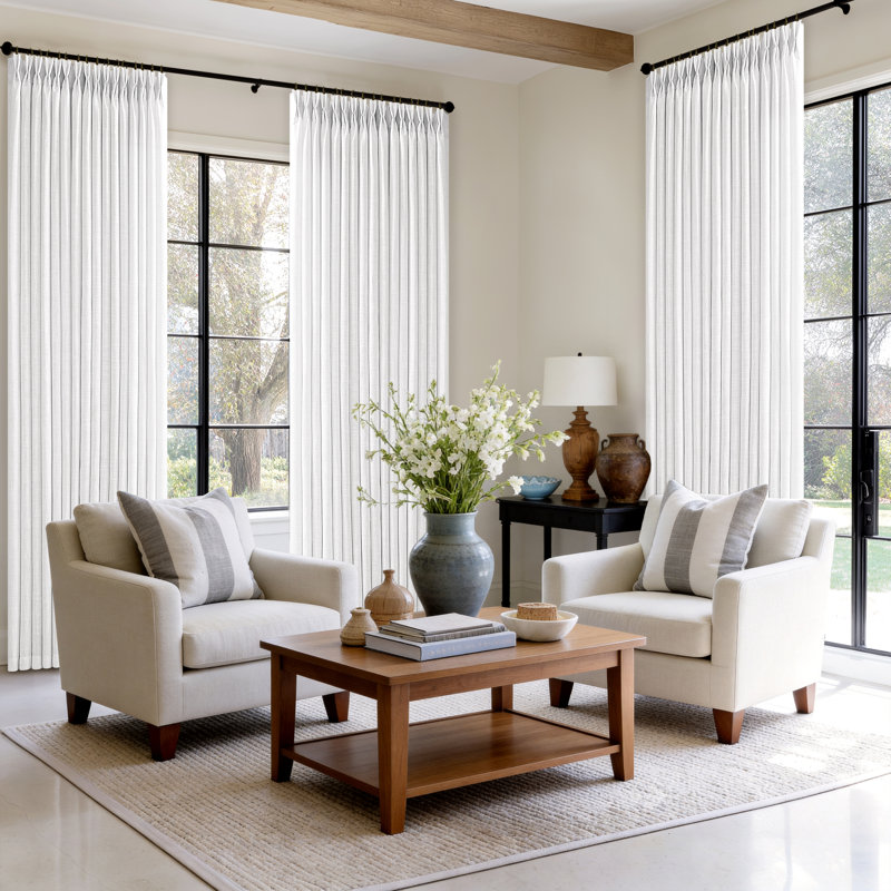 Thick Linen Fabric Memory Trained Pinch Pleated Solid Farmhouse Semi Sheer Curtain 2 Panels, 50" W x 90" L, Snow White