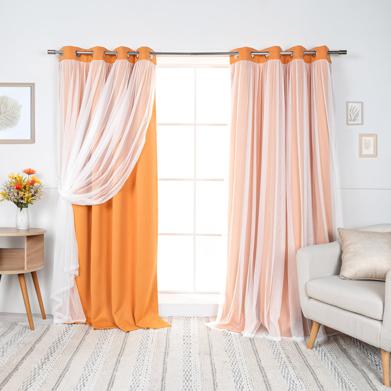 Fortuna Brockham Solid Tulle Overlay Room Darkening Grommet Curtain Panels, Orange, 52" W x 108" L
