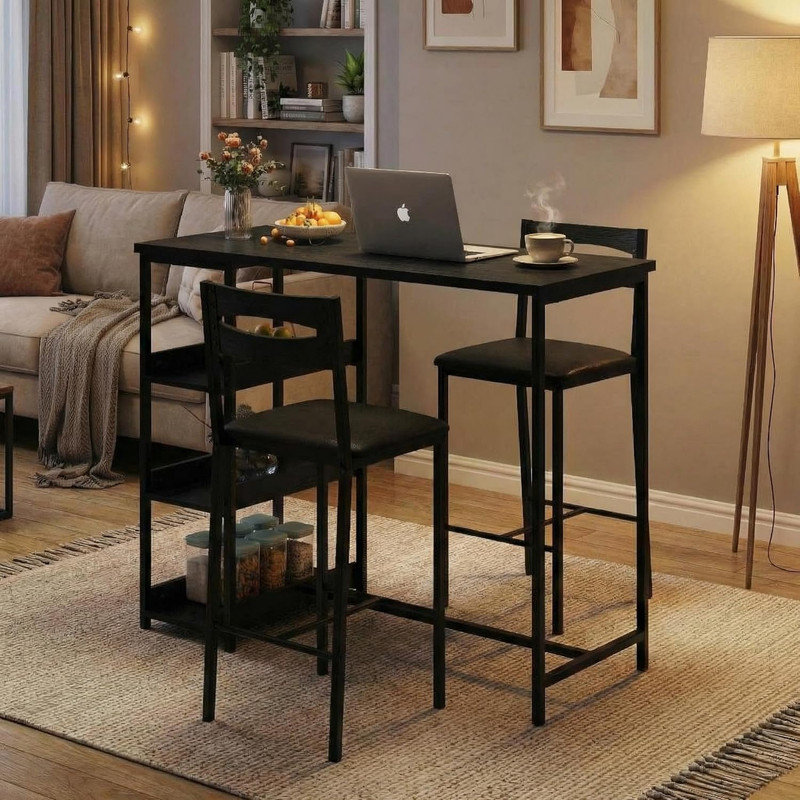 36" Counter Height Dining Table Set for 2 with Upholstered Bar Chairs & Storage Shelves, Space-Saving for Small Space, Apartment, Studio