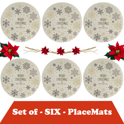 Christmas Woven Table Placemats 15”  Round Set of 6 No-Slip Dining & Kitchen Table Mat Snow Flakes