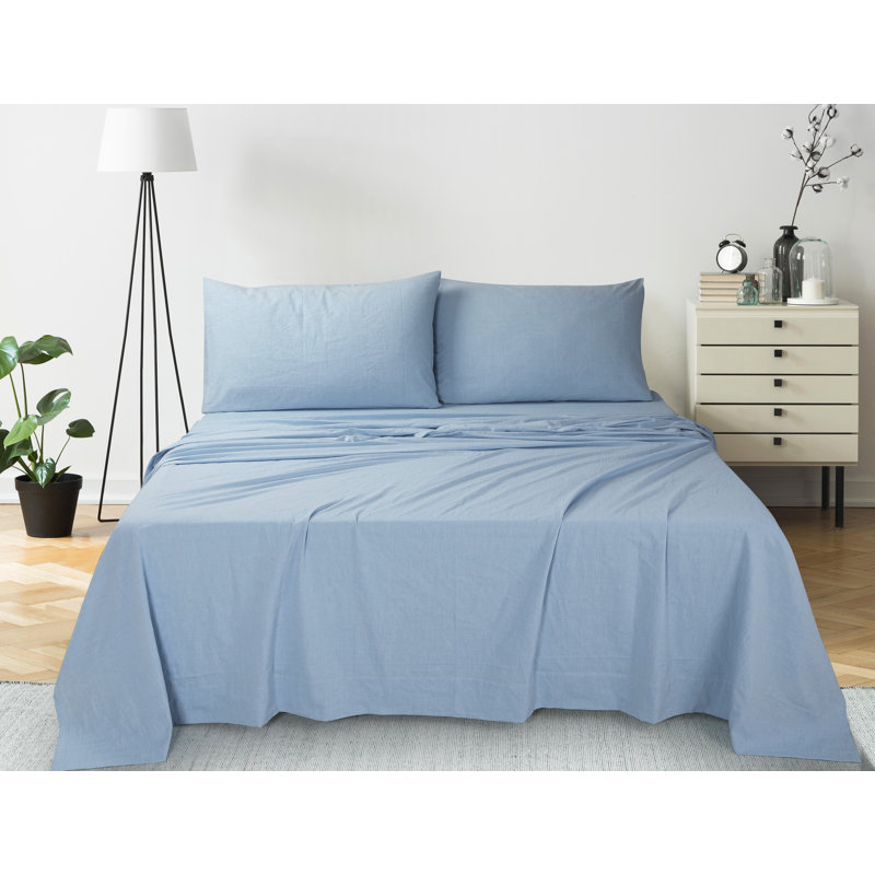  Ensemble de 160 draps en coton standard, Bleu Chambray, Ensemble de draps pour très grand lit avec 2 taie