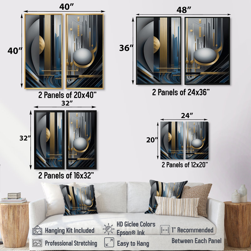 «Minimal Tech Blue Silver Sphere», art mural géométrique, impression sur toile abstraite dorée 2 pièces, H 36 po x l 48 po