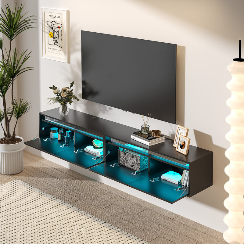 Agnon Floating TV Stand with RGB LED, Storage & Cable Management, 100/200cm, Black, 30cm H x 200cm L x 33cm W