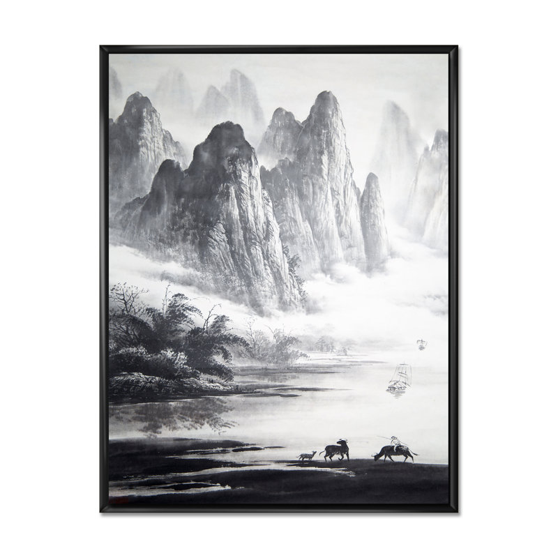 Peinture traditionnelle chinoise, paysage, H 32 po x l 16 po, Toile avec cadre flottant noir