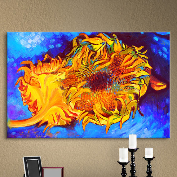 «Deux tournesols» par Vincent Van Gogh, impression sur toile tendue, H 18 po x l 24 po, Toile tendue bleue / jaune
