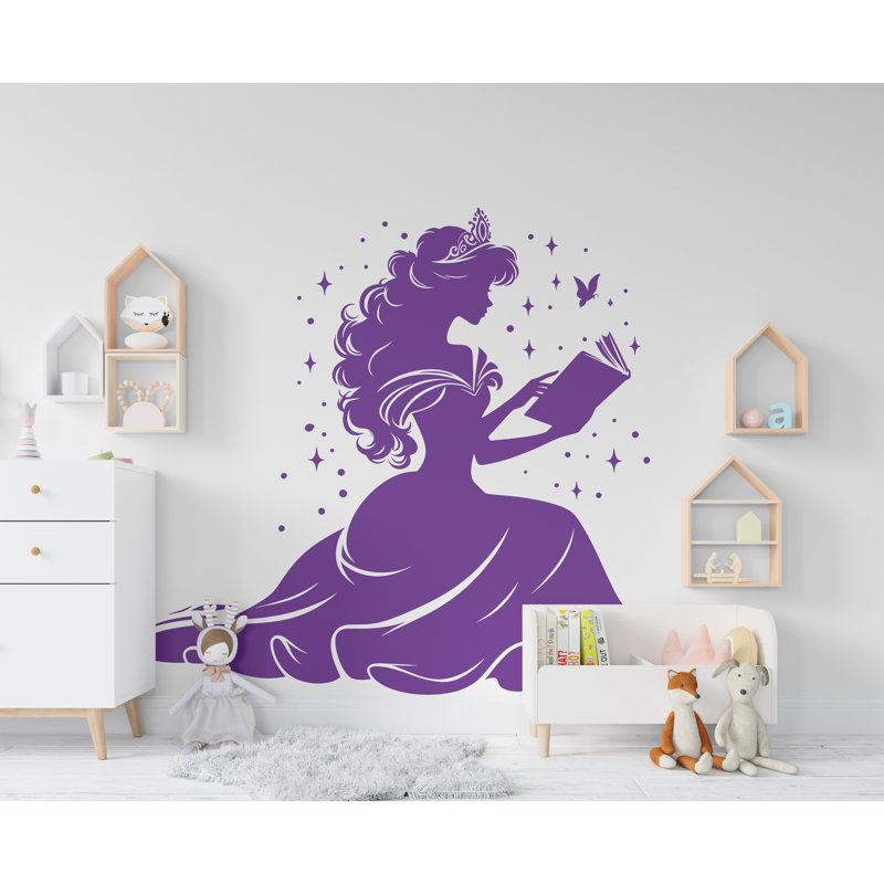 Adhésif décoratif princesse lisant un livre, lecture de livres, autocollant mural en vinyle, autocollants d'art pour intérieurs, écoles, salles de classe, bibliothèques
