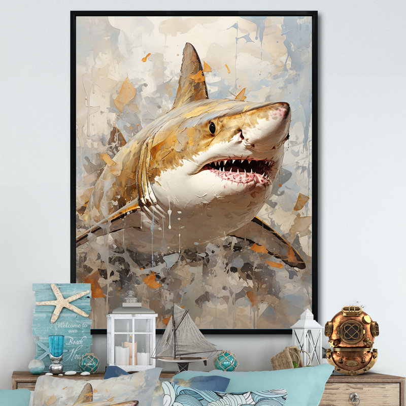 " Minimalism Shark Painting In Golden Beige I ", Black Floater Framed, 44" H x 34" W x 1.5" D
