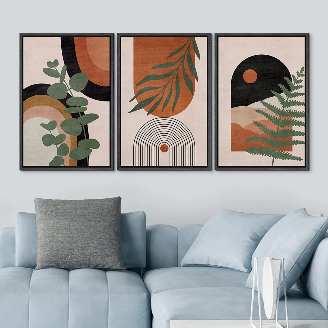 Mid Century Modern Boho Geometric Desert Dune Jungle Palm Leaf - 3 Piece Floater Frame Graphic Art Set on Canvas IDEA4WALL Frame