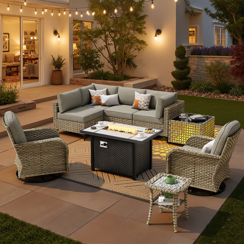 9-Piece Outdoor Patio Conversation Set With Fire Pit Table, Modular Pe Wicker Sectional Sofa, Lighted Coffee Table, All-Weather Rattan Set