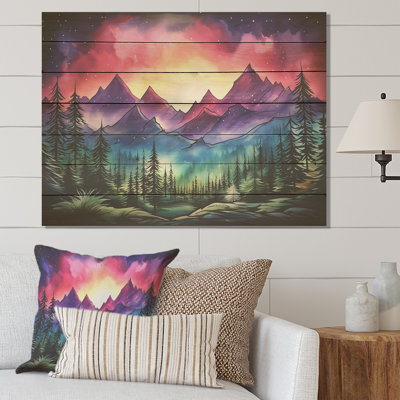 Mauve aurore boréale II - montagnes d'hiver sur bois