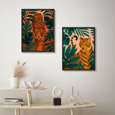 «Jungle Tiger», ensemble de 2 reproductions d'art mural audacieux sur la faune tropicale encadrée pour un décor éclectique de salon ou de bureau
