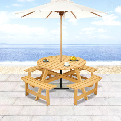 8-Person Outdoor Round Picnic Table Set With 4 Built-In Benches & Umbrella Hole Perfect For Garden Backyard Porch & Patio Natural Wood