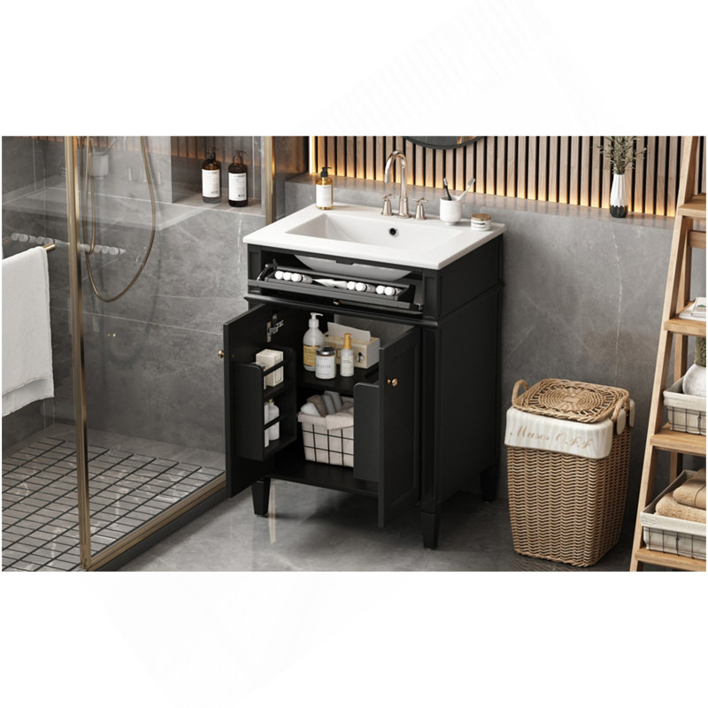 Meuble-lavabo 24 po avec 2 portes et tiroir escamotable, armoire de rangement de salle de bain avec lavabo, portes à fermeture en douceur avec organisateurs