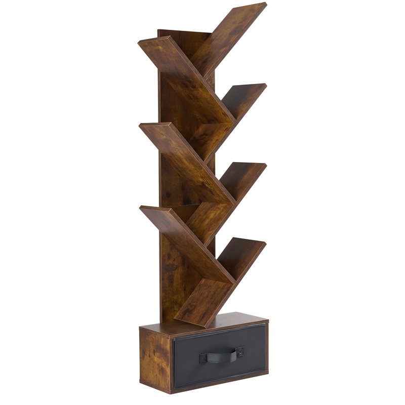Tree Bookshelf,Bookshelf with Bin Drawer,Wood Desk Bookshelves,Modern Free Standing Desktop Display Shelves