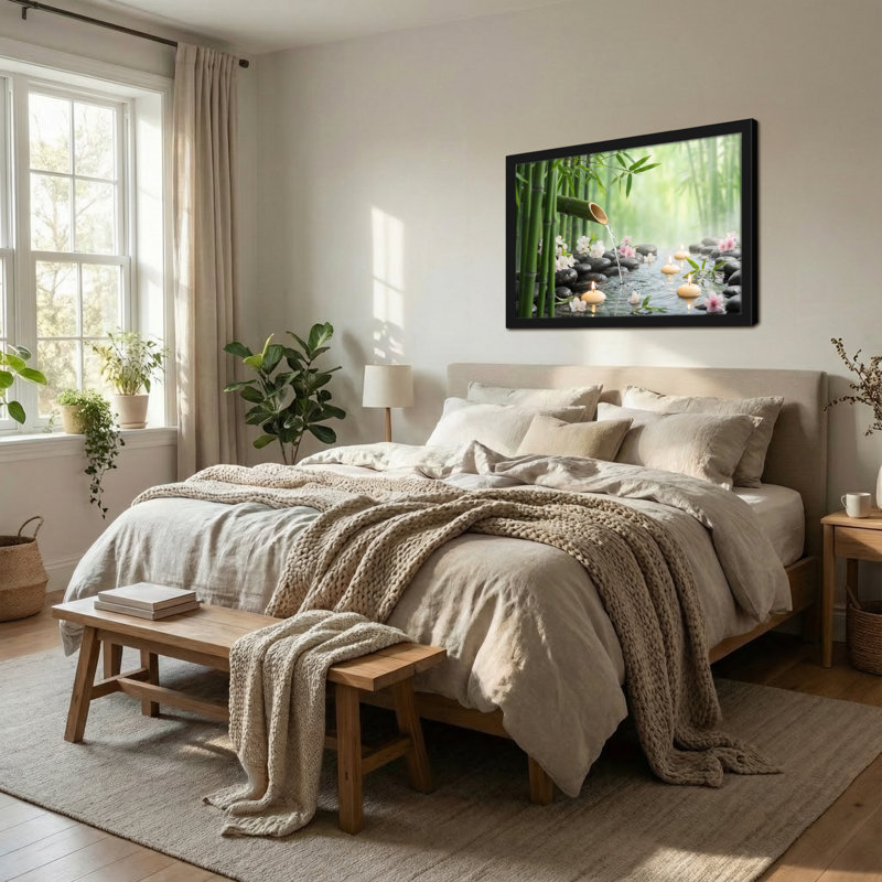 Mode, bambou, eau, couler, pierres, bougies, fleurs, jardin paisible, H 20 po x l 30 po