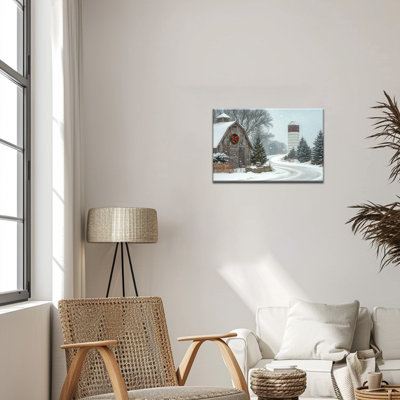 Christmas Winter Cabin Landscape Canvas Wall Art, Snowy Barn Silo Pine Tree Winter Scene Canvas Prints, Holiday Rustic Christmas Wall Decor, Vintage Winter Landscape Picture Artwork Poster 28x40 Inch, 12×16 Inches