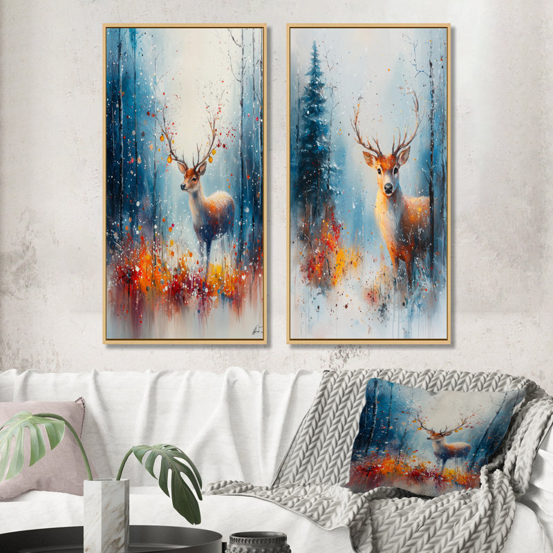 Ensemble de 2 pièces d'art mural orange avec renne de Noël I - Christmas Santa Deer, H 32 po x l 32 po