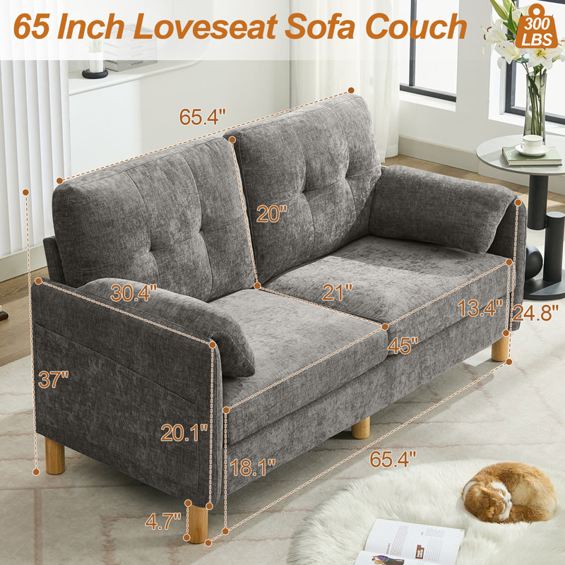Canapé-lit en chenille 65,4 po avec accoudoirs coussinés et 2 poches de rangement, Gris clair