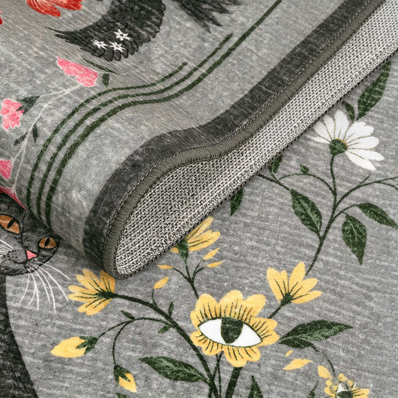 Tapis floral et chat lavable pour salle de bain, salon et chambre à coucher, Gris, Rectangle 9' x 12'