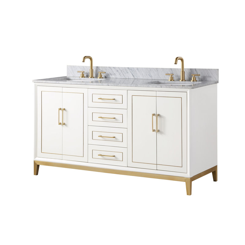 Gracie 60'' Double Bathroom Vanity with Top, Carrara Marble, Satin White (Cream White)