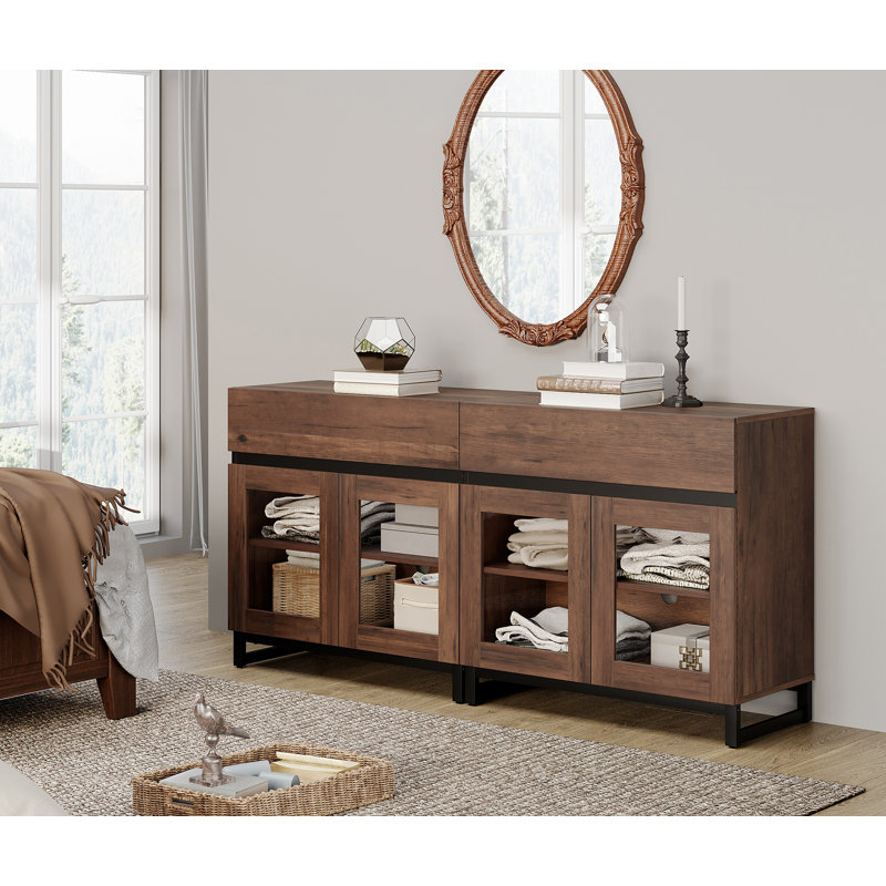 Commode 2 en 1 avec 4 portes en verre et 2 tiroirs - Armoire de rangement moderne pour le salon ou la chambre à coucher, Brun