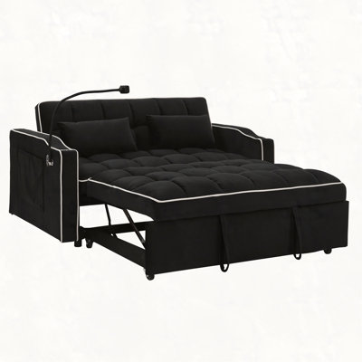 55.51 inch versatile foldable sofa bed in 3 lengths, modern sofa sofa sofa velvet pull-out bed, adjustable back and with USB port and ashtray and swiv