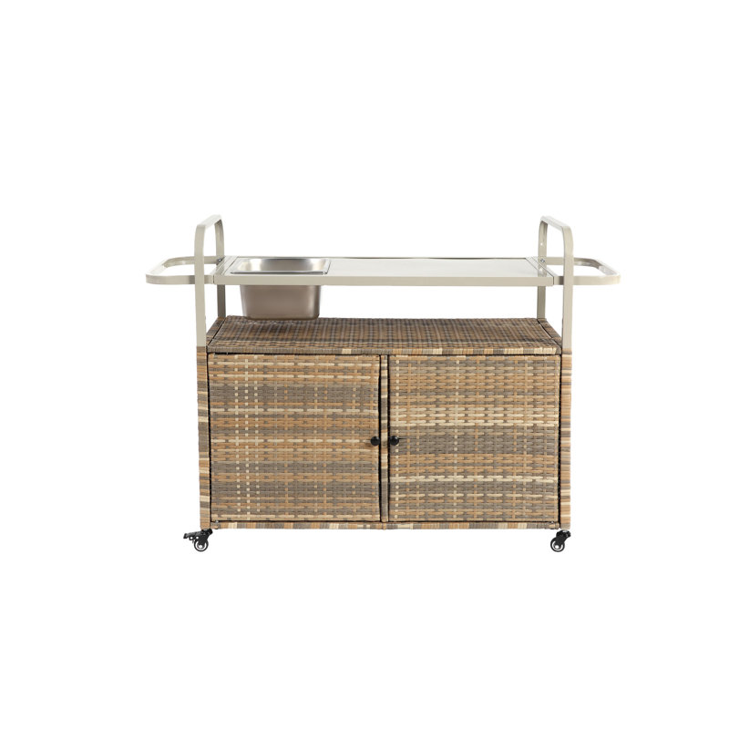 Outdoor Bar Table, Wicker Bar Cart with Cabinet, Patio Serving Cart with steel Top, with one ice bucket,Lockable Wheels, Side Basket for Garden, Poolside & Backyard