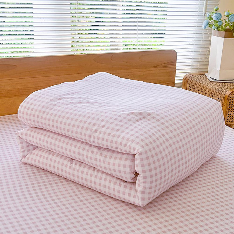 Ensemble d'édredon en microfibre prélavée Gingham, Vichy écossais brun clair, Édredon très grand et 2 taies d'oreiller