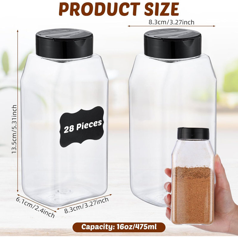 Paquet de 28 pots à épices carrés en plastique 16 oz avec couvercles et autocollants