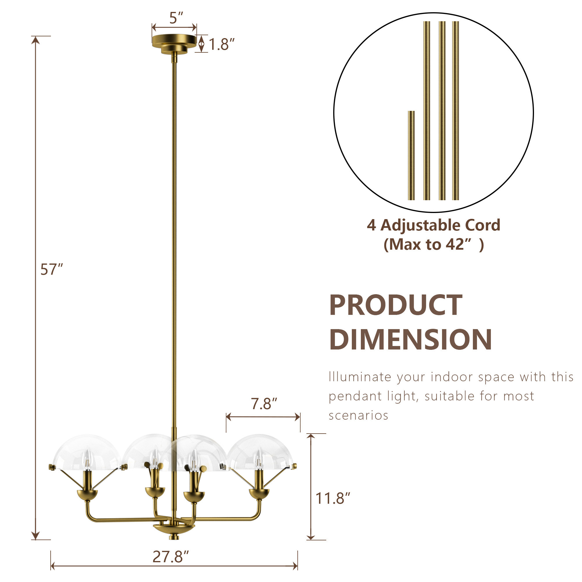 4-Light 28"W Modern/Traditional Chandelier With Metal, Feature Glass/Metal Shade For Dining Room Or Kitchen Island